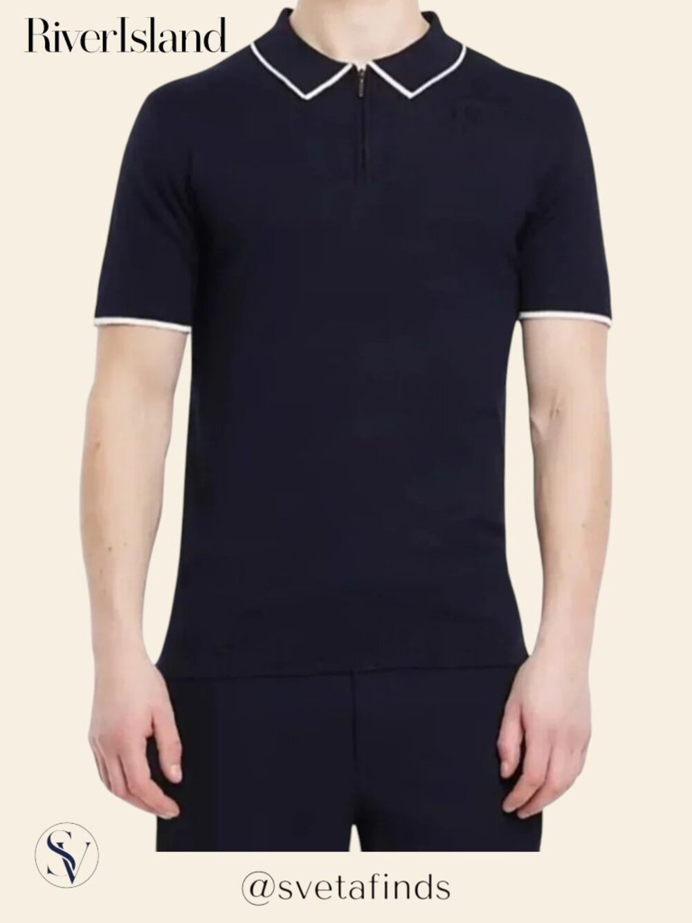 NWT River Island Navy Blue Knit Quarter Zip Polo with Contrast Trim Size L